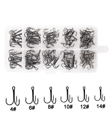 Fishing Treble Hooks Kit High Carbon Steel Hooks Strong Sharp Round Bend for Lures Baits Saltwater Fishing 110pcs/box Mixed 6 Size 4 6 8 10 12 14