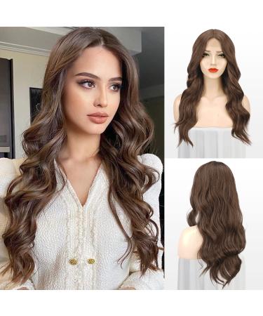 Feshfen long wavy waves Mixed brown lace front wig middle parting women synthetic hair waves long wig natural wavy brown wigs for women 65 cm