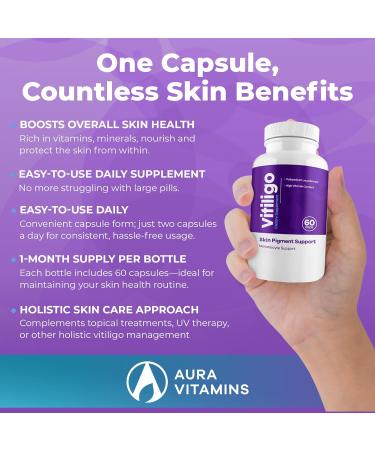 AURA VITAMINS - Vitiligo Capsules 60 Count | 1 Month | Improve Skin Pigmentation Support and Reduce White Spots | Effective Vitiligo Supplement | Natural Solution for White Spots on Skin. (1) - Buy Online on GoSupps.com