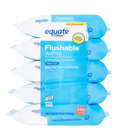 Equate Flushable Wet Wipes / Toilet Paper / Baby Wipes with Aloe Vera and Vitamin E, Fresh Scent, Soft, 5 Pack of 48-count Packs, 240 Count Total