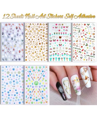 Teenitor 3D Flower Nail Stickers Set with Glitter, Butterfly, Heart Sequins, and Nail Foil - 12 Self-Adhesive Sheets for Nail Art Decoration - Buy Online on GoSupps.com