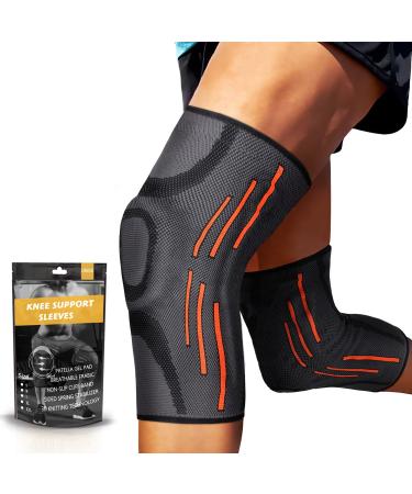 2 Pack Knee Compression Sleeve - Knee Brace for Men & Women with Patella Gel Pads & Side Stabilizers Knee Support for Working Out Running Weightlifting for Arthritis Joint Pain Relief ACL Size L 2 Orange Large(1 Pair...