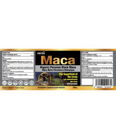 Herba Organic Black Maca Capsules - 500mg 180 Capsules | Peruvian Black Maca for Men and Women | Provides Antioxidants | Black Maca Root Capsules - Buy Online on GoSupps.com