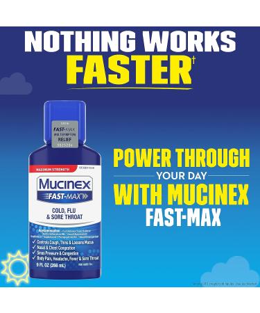 Mucinex Fast-Max Maximum Strength Cold Flu & Sore Throat Liquid 9oz - Multi-Symptom Relief for Ages 12 - Buy Online on GoSupps.com