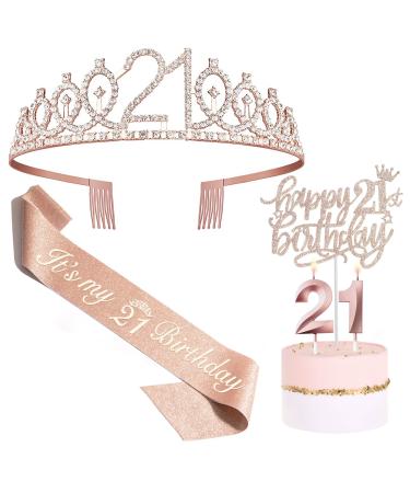 Bella Meri 21st Birthday Gifts for Women, 21st Birthday Tiara Crown, Sash, Cake Toppers,Birthday Candles, 21 Birthday Decorations Women