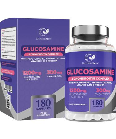 Glucosamine and Chondroitin High Strength Capsules - Glucosamine Complex with MSM 180 Glucosamine Capsules - with Vitamin C Rosehip Turmeric Curcumin & Marine Collagen UK Made by Natures Zest