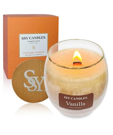 Creamy Vanilla Scented Candle Aromatherapy Glass Jar Candle with Crystals Inside Fragrance Natural Soy Wax Wooden Wick Candle 60 Hours Long Burning Home Decor Gift for Men and Women