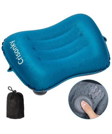 Crisonky Camping Pillow - Inflatable Pillow - Pillows for Backpacking & Travel Lumbar Support 2.0 Press Pump Pillows Ultralight Compressible Comfortable Ergonomic Pillows Navy Blue