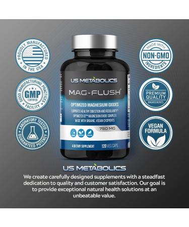 US Metabolics Mag Flush Magnesium Oxide Capsules 750mg 120 Vcaps - Oxygenated Magnesium Oxide Supplement for Constipation Relief Colon Cleanse Laxative and Digestion Support for Women and Men - Buy Online on GoSupps.com