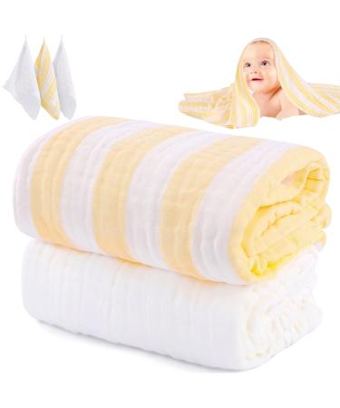 HardNok Muslin Baby Bath Towel Set, 2 Large Gauze Super Soft Baby Bath Towel and 3 Washcloths, 6 Layers Muslin Cotton Infant Blanket Suitable for Baby's Delicate Skin (Amsicotion) Yellow