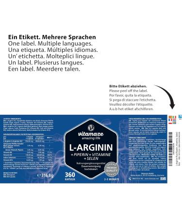 L-Arginine Capsules High Dose - 360 Count | Pre-Workout Supplement with B6 B12 Folic Acid Selenium & Piperine - Made in Germany | Pure & Natural Energy Boost - Buy Online on GoSupps.com