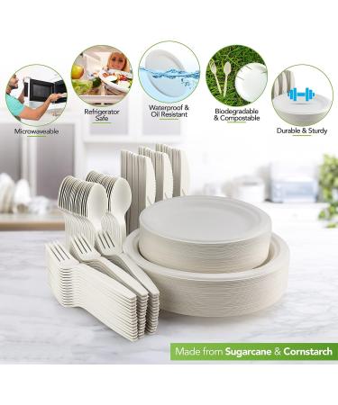 BIRCHIO 250 Piece Biodegradable Paper Plates Set - Eco Friendly Compostable Dinnerware with Extra Long Utensils for Parties - Cream White 250PCS - Buy Online on GoSupps.com