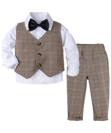 mintgreen Baby Boys Gentleman Suit Set Long Sleeve Shirt with Bowtie + Waistcoat + Pants Size: 1-4 Years Khaki Plaid 18-24 Months