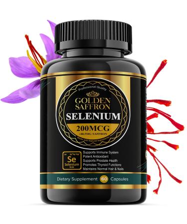 Golden Saffron Selenium (200mcg Selenium & 88.5 mg Saffron Extract) - to Support Overall Health Thyroid Function Prostate Health - Non-GMO & Gluten-Free - from USA - & Tasteless