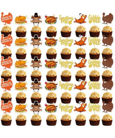 40pcs Turkey Cupcake Toppers Happy Thanksgiving Cupcake Topper Gobble Till You Wobble Decor Thanksgiving Turkey Decorations Thanksgiving Party Decorations Turkey Decorations for Home Orange and Brown
