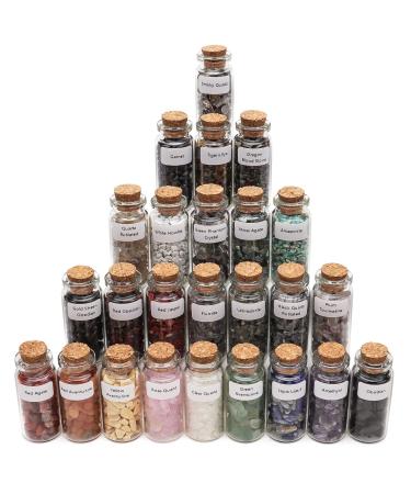 Consine A Set of 25 Different Crystal Gemstones in Glass Bottles, Chip Crystal Natural Reiki Healing Tumbled Stones Random Stuff Witchcraft Crystals for Meditation Therapy 25 PCS