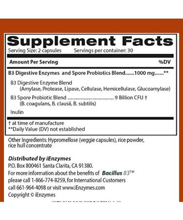 Bacillus B3 Probiotic Complex & Bioactive Enzymes - 100% Spore-Based Organisms - 60 Capsules - Non GMO - Buy Online on GoSupps.com