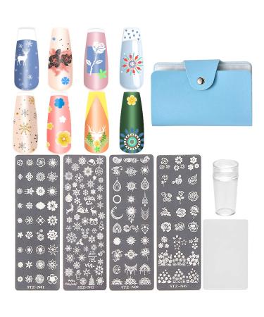 NICENEEDED Nail Art Stamping Kit With 4 PCS Nail Plates Nail Stamp Templates 1 Nail Stamper 1 Nail Scraper And 1 Storage Bag With Flower Patterns Image Plates For DIY Decoration Style 3