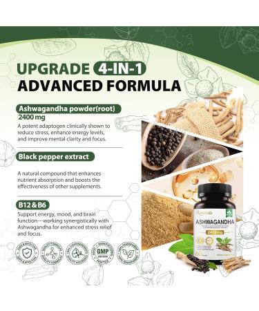 Ashwagandha Supplements 2400mg Organic with Black Pepper Vitamin B12 & B6 for Max Absorption Stress Relief Athletic Performance for Men & Women 60 Capsules 60 Count (Pack of 1) - Buy Online on GoSupps.com