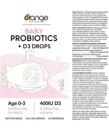 Orange Naturals - Baby Probiotics + D3 Drops - Upset Stomach Relief Bone and Baby Teeth Health 400IU D3 10 ml (Pack of 1) - Buy Online on GoSupps.com
