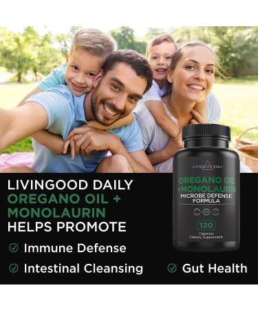 Livingood Daily Oregano Oil + Monolaurin Supplement - 1000mg Capsules for Gut Health & Immune Support - Natural Antibiotics & Antioxidant - 120 Capsules - Buy Online on GoSupps.com