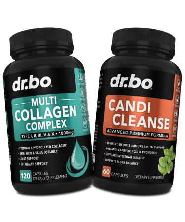 Multi Collagen Peptides & Candida Cleanse - Type I II III V & X Multi Collagen Skin Hair & Nails - Extra Strength Probiotic Complex Cleanser Natural Oral Herbal Oregano & Caprylic Acid Capsules