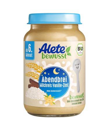Alete organic glasses evening porridge dairy rice vanilla cinnamon baby food in organic quality without palm oil & sugar additive from the 6th month 6 Pack (6 x 190 g) milk rice vanilla cinnamon 190 g (6 Pack)