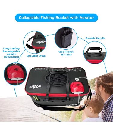 Fishernomics Collapsible Fishing Bucket Livewell | Large Live Fish & Bait Container with USB Rechargeable Oxygen Pump - Black/Red - Buy Online on GoSupps.com
