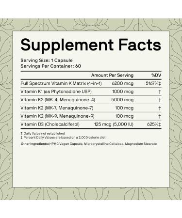 Nutriissa Full-Spectrum Vitamin K 6200 mcg K1 K2 (MK-4 MK-7 MK-9) with Vitamin D3 Bone & Heart Health EPEB Certified for Purity & Potency 60 Capsules - Buy Online on GoSupps.com