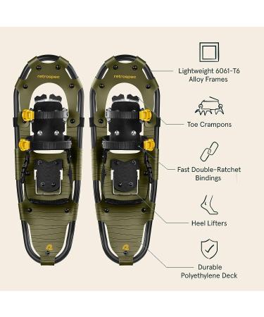 Retrospec Drifter Snowshoes - Aluminum Frames, Double-Ratchet Binding System - Olive 25 Inch - Carry Bag - Adults & Children - Buy Online on GoSupps.com