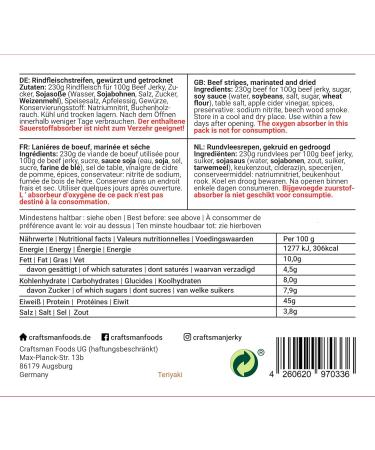  CRAFTSMAN FINEST FOODS Craftsman Beef Jerky TERIYAKI - 500 g (10 x 50 g) - Dried meat from Germany - Bavaria - American Jerky Beef - 100% beef - Teriyaki - Premium Beef - Made in Germany - Buy Online on GoSupps.com