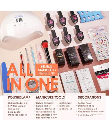 54W Gellen Gel Nail Polish Kit with UV LED Light, 6 Nude Colors, Top Base Coat, Nail Art Decorations, Manicure Tools - All-in-One Manicure Kit in Gentle Nudes Blush Tones - Buy Online on GoSupps.com