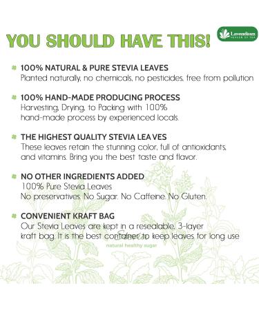 Lavendium 300+ Natural Stevia Leaves Whole Dried Leaves 100% Pure Stevia Dried Leaves Stevia Leaf Tea Zero Calorie Sweetener No Additives No Caffeine Vegan - Buy Online on GoSupps.com