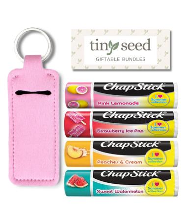 Set of 4 Chapsticks: Strawberry Ice Pop Pink Lemonade Peaches & Cream Sweet Watermelon. Limited Edition by Chapstick I Love Summer Collection. Includes Lip Balm Holder Keychain (Pink)