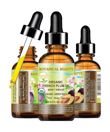 Botanical Beauty Organic French PLUM OIL 100% Pure Natural VIRGIN UNREFINED Cold-Pressed Carrier Oil for Face Skin Body Hair Lip Nails. Rich in Vitamin E Omega 6 Omega 9 (0.5 Fl Oz) 0.5 Fl Oz (Pack of 1)