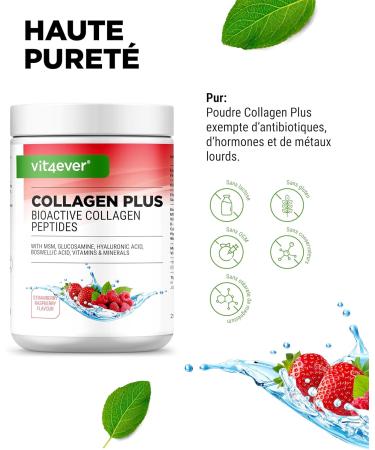Collagen Plus - 500g Powder with MSM Glucosamine HCL Hyaluronic Acid Frankincense Extract - 100% Bioactive Collagen Hydrolysate Peptide - Collagen Type 1 2 & 3 - Raspberry Strawberry - Buy Online on GoSupps.com
