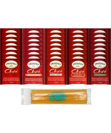Twinings Chai Tea Bag Variety, 8 of each: Chai, Decaffeinated Chai, Ultra Spice, Spiced Apple, French Vanilla (Pack of 40) with By The Cup Honey Sticks - Buy Online on GoSupps.com