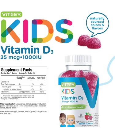 Kids Vitamin D3 Gummies 1000 IU - Bone & Immune Health Support - Berry Flavored Chewable Supplement - 120 Count Pack - Buy Online on GoSupps.com