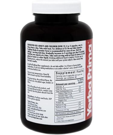 Yerba Prima Psyllium Husks Capsules - 625mg Dietary Fiber for Gut Health | 180 Vegan, Non-GMO, Gluten-Free Capsules - Buy Online on GoSupps.com