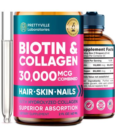 Liquid Biotin & Collagen for Hair Growth 20000mcg - Support Hair Health, Strong Nails and Glowing Skin - 20000mcg of Collagen and Biotin Combined