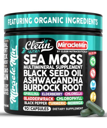Clean Nutra Organic Sea Moss Capsules with Ashwagandha Black Seed Oil Burdock Root Bladderwrack Moringa Chlorella Spirulina Turmeric Elderberry Amla 90 Vegan Capsules MiracleMin 1
