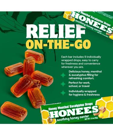 Honees Filled Menthol Cough Drops, Honey, Menthol & Eucalyptus Cough Drops- Natural Sore Throat Relief - Nothing Artificial -Throat Lozenges, Non-GMO (6 Pack 54 Drops) Eucalyptus 6 Pack-54 Drops - Buy Online on GoSupps.com