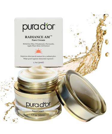 PURA D'OR 1.7 Oz Radiant Glow AM Face Cream - Methylene Blue Polyphenols Flavonoids Apple Stem Cell Extract - Aloe Vera Base Anti-Aging Morning Moisturizer - Daily Facial Treatment For Women & Men