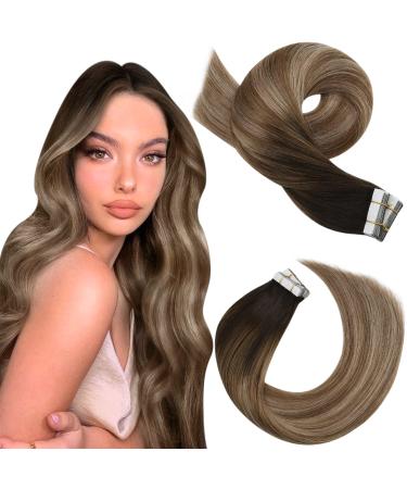 Moresoo Human Hair Tape in Extensions Balayage Brown Hair Extensions Tape in Dark Brown to Light Brown with Golden Blonde Tape in Hair Extensions Real Human Hair 18 Inch 20 Pieces/50g #4/10/16 18 Inch #4/10/16