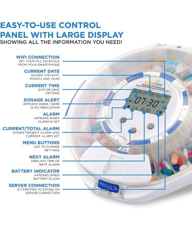 LiveFine Smart WiFi Automatic Pill Dispenser with Clear Lid | 28-Day Medication Organizer | Up to 9 Doses Per Day | Light/Sound Alarms | Lock Key System - Buy Online on GoSupps.com