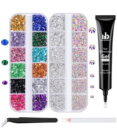 BELLEBOOST Nail Art Rhinestone Glue Gel&2 Boxes 3D Charms Accessories Kit 1, 1 PC of 15ml Rhinestone Glue(UV/LED Needed)+3D Flowers Nail Decors Gems Crystal