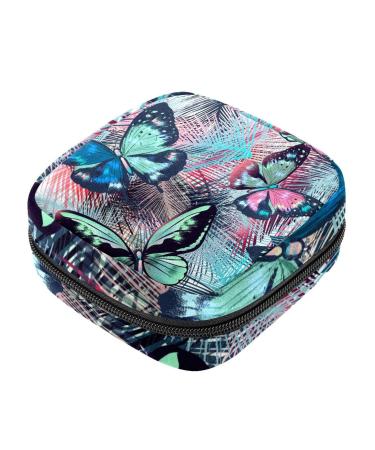 Menstruation pad bag with zipper women's napkin bag tampons collecting bags for women and girls (tropical palm leaves and butterflies)