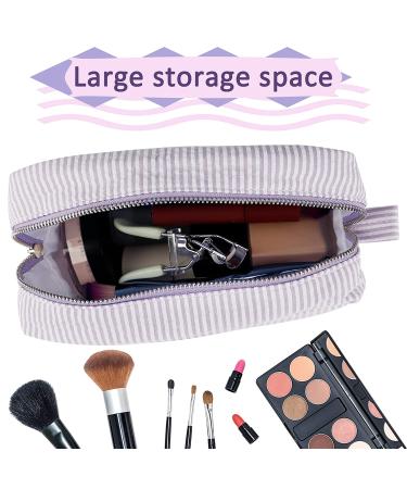 Seersucker Cosmetic Bag - Large Makeup Pouch Travel Toiletry Case | Purple Organizer for Women & Girls - Buy Online on GoSupps.com