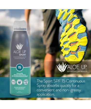 Aloe Up Sport SPF 15 Sunscreen Continuous Spray - 6oz Sunblock with Aloe | UVA/UVB Protection | Quick-Drying Formula - Buy Online on GoSupps.com