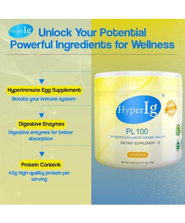 HYPERIG PL-100 Egg Protein Powder Hyperimmune Egg Supplements 140g - Immune Boost Digestive Health Joint Care Energy & Muscle Strength Gluten-Free (2-Canisters) - Buy Online on GoSupps.com